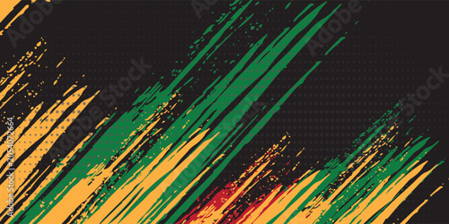 Grunge brush strokes in red, yellow, and green with halftone pattern on white background. Perfect for reggae themes, music flyers, cultural designs, and creative artwork.
