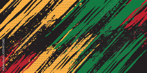 Grunge brush strokes in red, yellow, and green with halftone pattern on white background. Perfect for reggae themes, music flyers, cultural designs, and creative artwork.