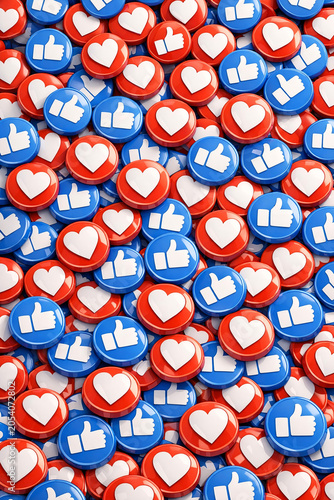 A collection of colorful Facebook like button badges in blue, red, and white.