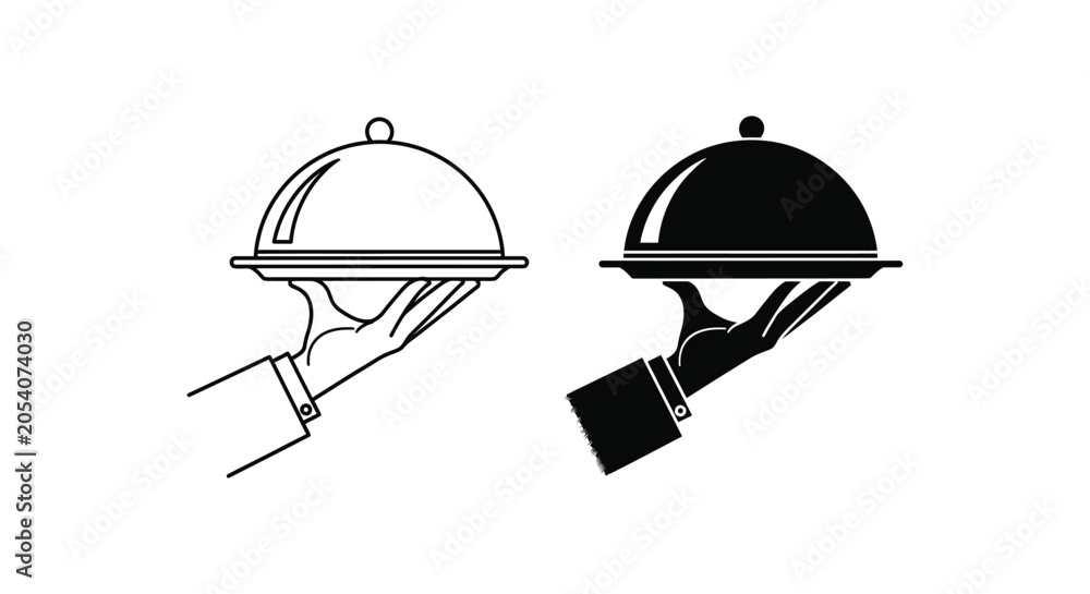 Fototapeta premium Hand lifting silver and black serving dome lid