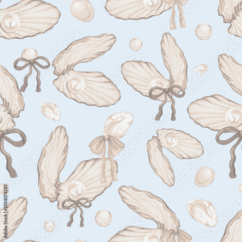 Coquette Oyster Pearl Seamless Pattern, Pastel Bows Shells Digital Paper, Something Blue Wedding Fabric, Coastal Chic Ocean Wallpaper