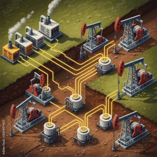 Oil extraction and processing industrial complex with pump jacks and factories.