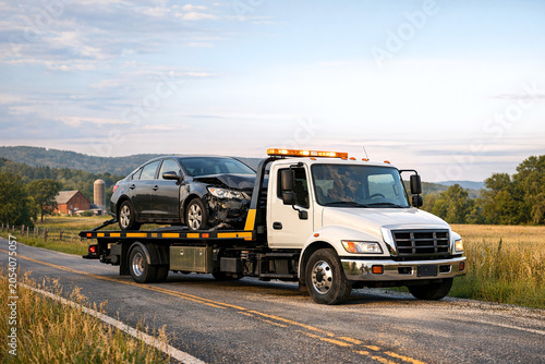 A tow truck is transporting a wrecked car along a rural road. The setting sun casts long shadows and creates a dramatic scene.