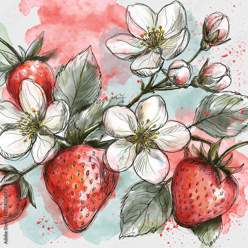 Hand drawn strawberries and blossoms with sketchy lines and soft watercolor washes showcasing delicate artistic botanical charm