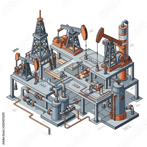 Oil Rig Pumping Jacks and Industrial Equipment Illustration.