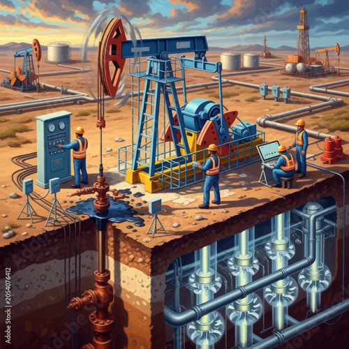 Oil Rig Workers Operating Pumpjack and Underground Infrastructure.
