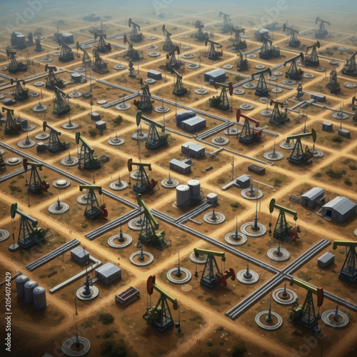 Vast Oil Field with Numerous Pumpjacks in Operation.