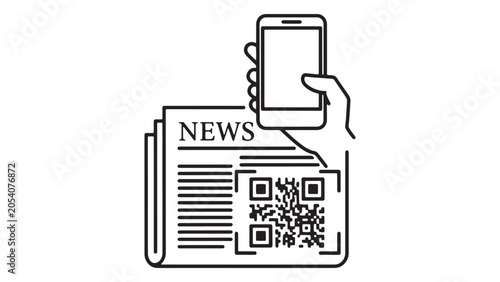 Mobile news article icon with smartphone hand and QR code for digital reading access
