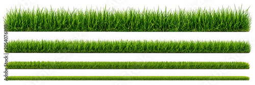 Collection of green grass borders, seamless horizontally, isolated on white background. 3D render. 3D illustration.