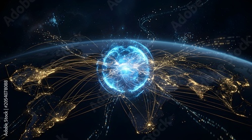 Futuristic Quantum Global Network Connectivity with Glowing Data Nodes and World Connection Lines