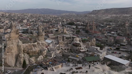 Drone view of Göreme, a historic town in Cappadocia famous for its fairy chimneys, cave houses and unique volcanic landscape.