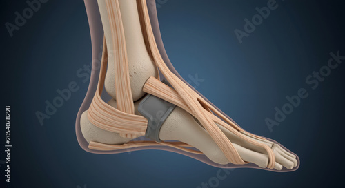 Anatomical human foot and ankle with bones and tendons showcasing detailed skeletal and muscular structure for medical and educational purposes foot health and anatomy.