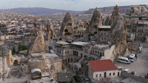 Drone view of Göreme, a historic town in Cappadocia famous for its fairy chimneys, cave houses and unique volcanic landscape.