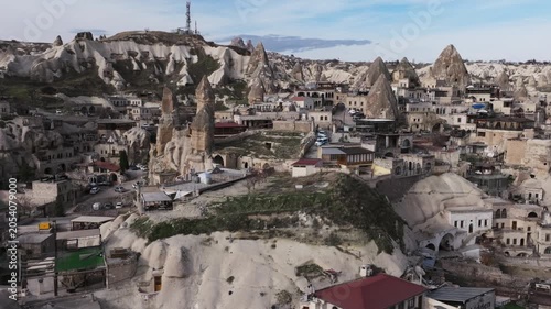 Drone view of Göreme, a historic town in Cappadocia famous for its fairy chimneys, cave houses and unique volcanic landscape.
