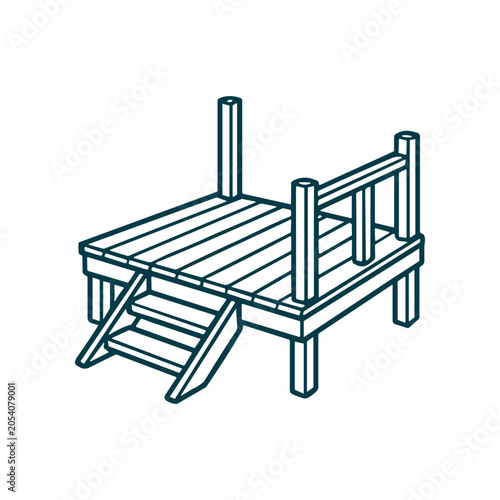 Wooden deck with stairs and railing.