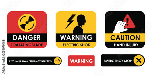 Obraz na plátně Set of industrial safety warning signs for rotating blades, electric shock, and