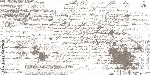 Tableau sur toile Vintage grunge background with unreadable cursive handwritten text and brown watercolor ink splatters vector illustration template