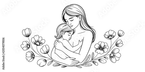Bild auf Leinwand Mother hugging child tenderly with flowers, gentle embrace, love and family bond