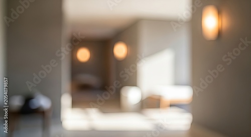Blurred background of a modern interior with warm lighting and soft focus.