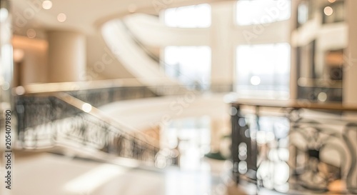 Blurred background of a modern shopping mall interior with escalators and bright natural light.