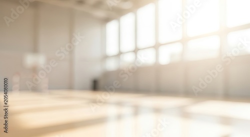 Blurred background of an empty indoor basketball court with bright sunlight streaming through large windows.