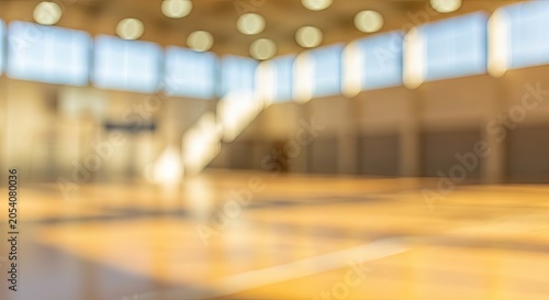 Blurred background of an empty indoor sports hall with bright lights.