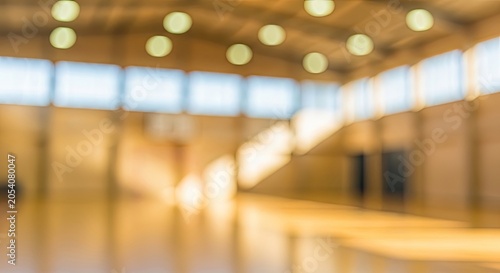 Blurred Empty Indoor Sports Hall with Bright Lights and Wooden Floor.