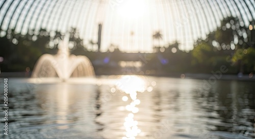 Beautiful Fountain in a Serene Park Lake with Sunlight Reflection.