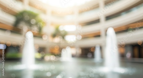 Blurred indoor fountain in a modern building atrium with bright natural light.