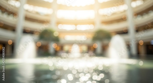 Blurred background of a modern building interior with fountains and bright natural light.