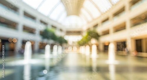 Blurred Modern Office Building Lobby with Water Fountains and Natural Light.