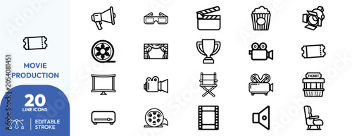 Photos Film Production Line Icons Collection Featuring Cinematic Symbols