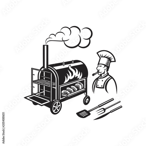 Chef Cooking Barbecue on Smoker Grill with Smoke and Utensils