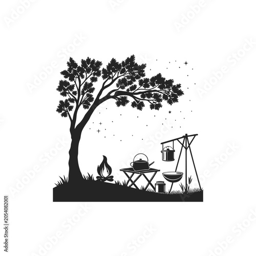 Silhouette of person relaxing in hammock under large tree at dusk in minimalist style