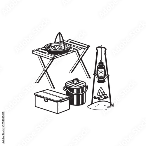 Line art camping equipment set with grill, lantern, and storage on wooden table