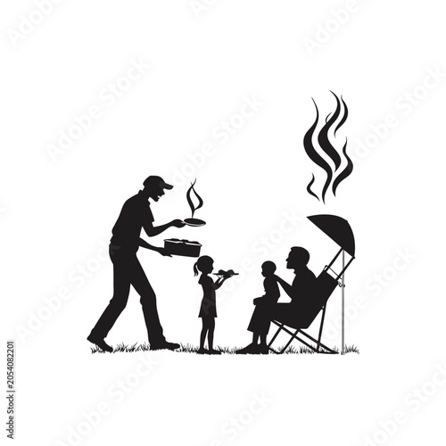 Family Barbecue Silhouette: Father Grilling Food for Children Outdoors