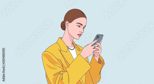 Woman Using Smartphone Thoughtfully in Yellow Coat