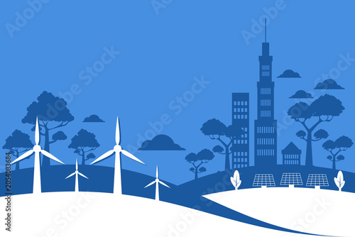Eco-friendly green city vector illustration with wind turbines and solar panels. Sustainable clean energy concept with urban buildings, trees, and hills in flat blue and white style.