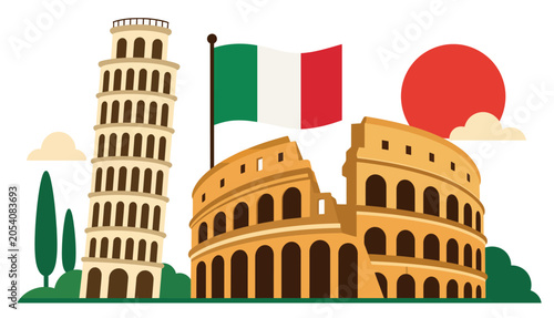 Canvastavla Italian Landmarks and Flag.