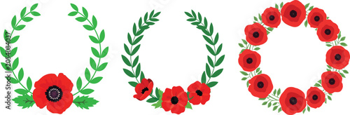 Red poppy wreaths with green foliage vector illustration