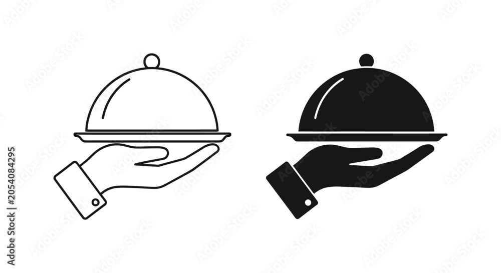 Fototapeta premium Hand holding serving tray with domed lid icon