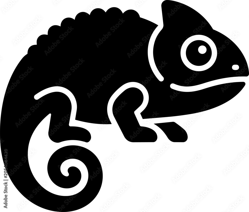 Fototapeta premium Black chameleon silhouette icon with curled tail, eye, legs, textured back, bold reptile shape, and clean cutout details, isolated on white background.