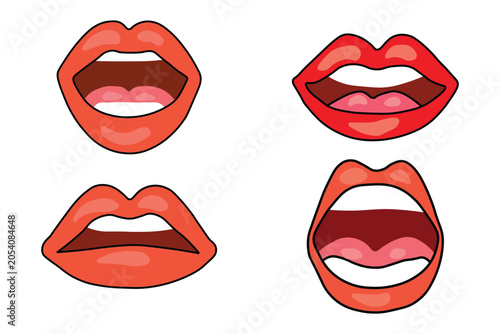 Red cartoon lips collection, set of four open mouth vector illustrations with white teeth, expressive female mouth icons for beauty and fashion