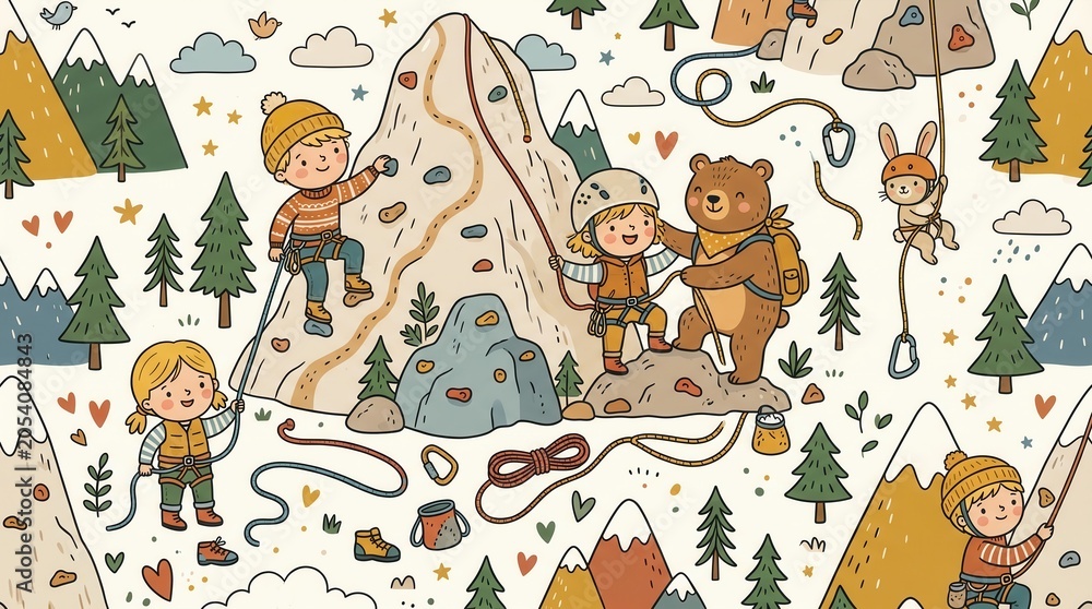 Fototapeta premium Happy children and a bear climb rocks while a boy scales a large mountain and a rabbit rappels