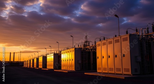 Electrical substation at sunset with rows of transformers and switchgear