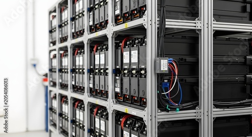 Industrial battery storage system with rack mounted batteries and wiring