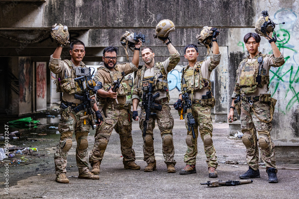 Fototapeta premium Squad Displaying Readiness in Urban AO
