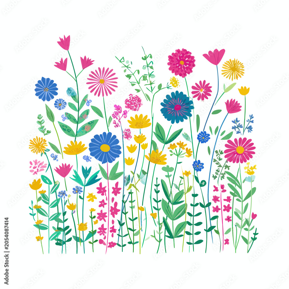 Obraz premium Colorful Garden Illustration with Isolated Blooms