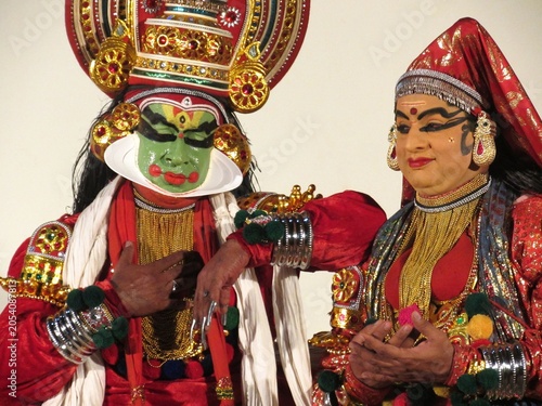 Traditional Kathakali Dance Performance with Colorful Costumes and Makeup from Kerala, India