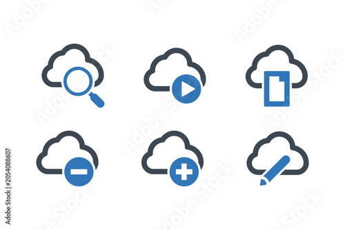 Cloud icons with search play document minus plus pencil icons for data management solutions